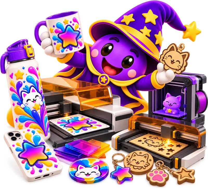 קראפטי, הקוסם של CraftWizard, מחזיק ספל מודפס ותליון חתול חתוך בלייזר, מוקף במדפסת UV, מדפסת תלת-ממד וחותכת לייזר עם המוצרים שיצאו מהן